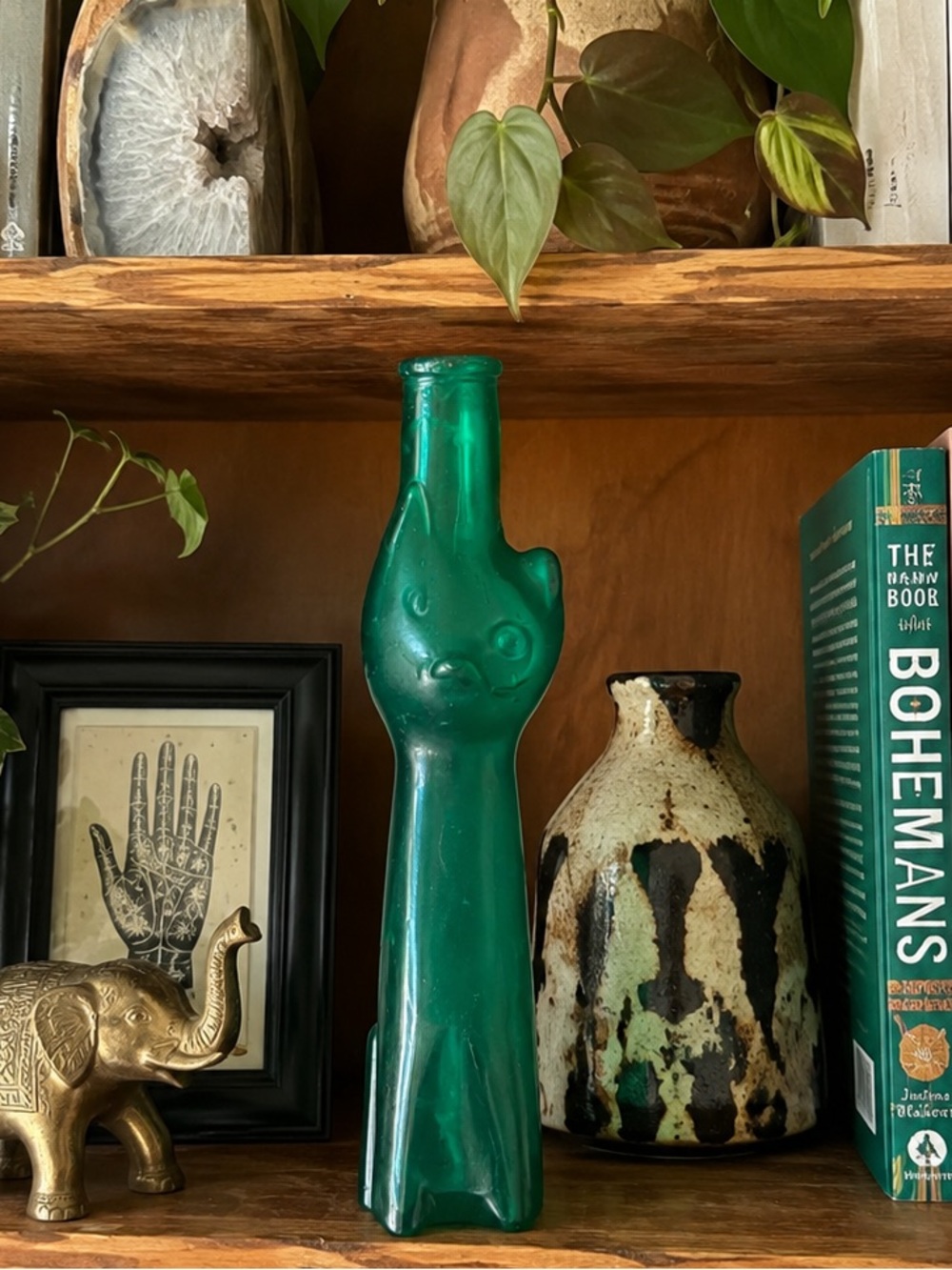 Vintage Green Glass Cat Lady Wine Bottle Vase‎ 13" Boho Art Home Decor eclectic
